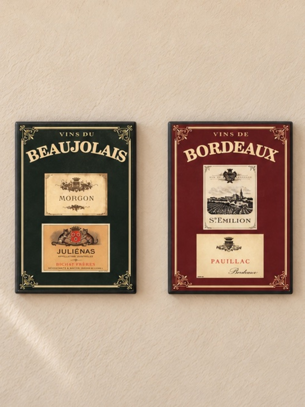 French Wine Wall Plaques Set of 2 Bordeaux Beaujolais Kitchen Bar Decor
